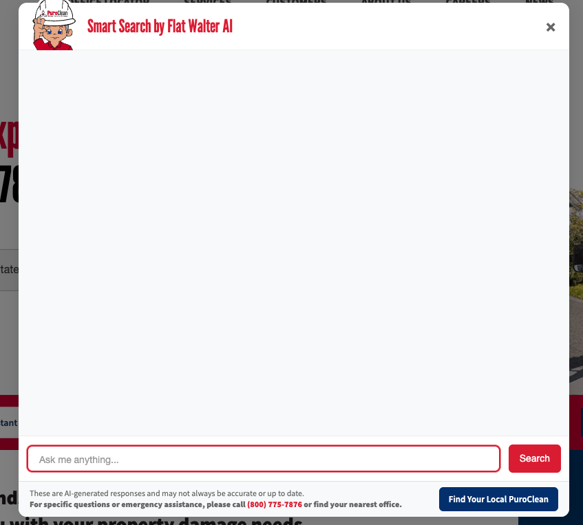 Visual of the Smart Search by Flat Walter AI box on the PuroClean website
